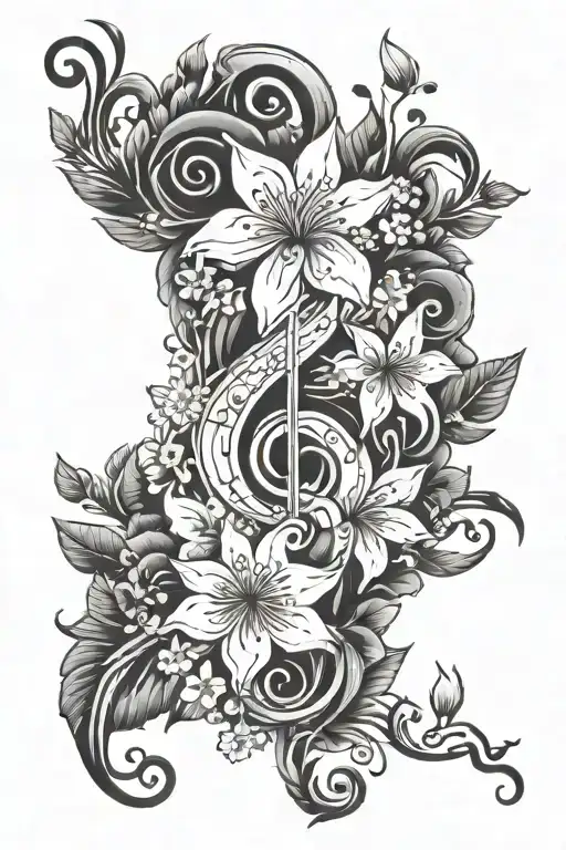 A tattoo design featuring a symphony of musical notes intertwined with blooming flowers. "Don't let the pain destroy" tattoo design idea
