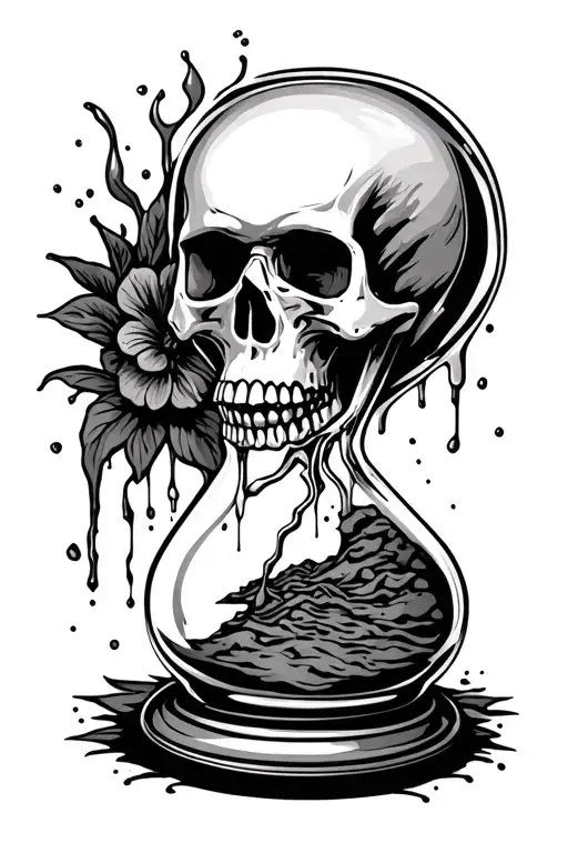 "Memento Mori" hour glass, top is a skull, bottom is broken and leaking sand tattoo design idea