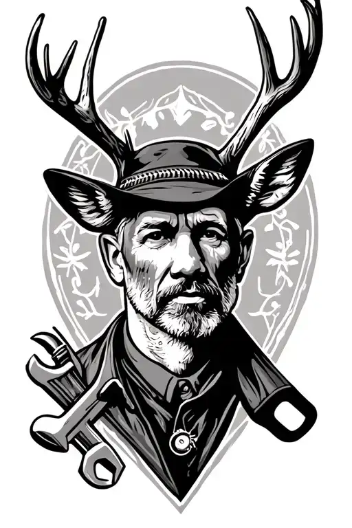 Memorial, tatoo, father, with fishing pole, wrench, and antler from deer tattoo design idea