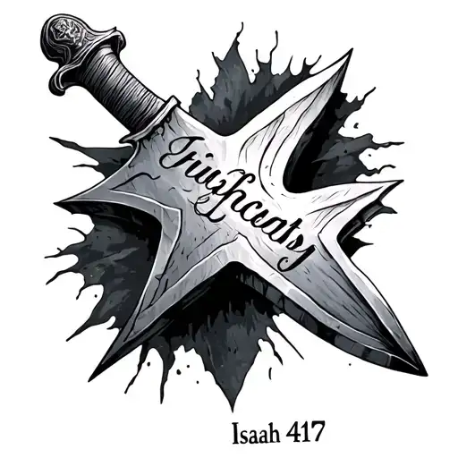 broken sword with Isaiah 54:17 written under it tattoo design idea
