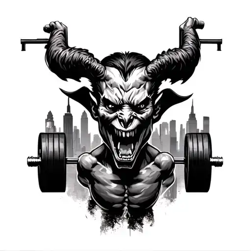 A Demon deadlifting with new york skyline portrait tattoo design idea