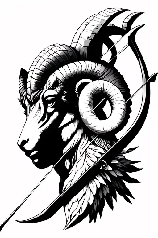 Diana goddess of hunting with a ram black and white face hidden, bow. tattoo location on the wrist in the middle of a wo tattoo design idea