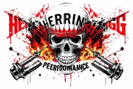 "HERRING PERFORMANCE" SKULL, DAPPER, SUGAR SKULL, TURBOCHARGER, FIRE, ROD AND PISTON, SMOKE, CROWN,  tattoo design idea