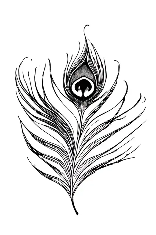 minimal folksy distressed peacock feather black and white only tattoo design idea