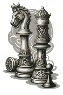 king chess piece with he's queen opposite with lock and key tattoo design idea