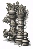 king chess piece with he's queen opposite with lock and key tattoo design idea