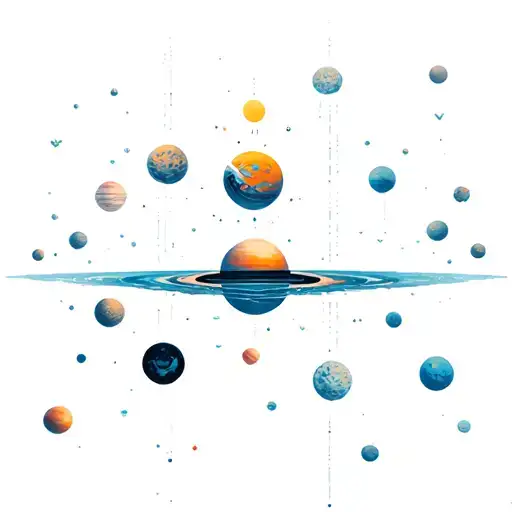 a universe with alot of planets flowing down, the planets are inside the river tattoo design idea