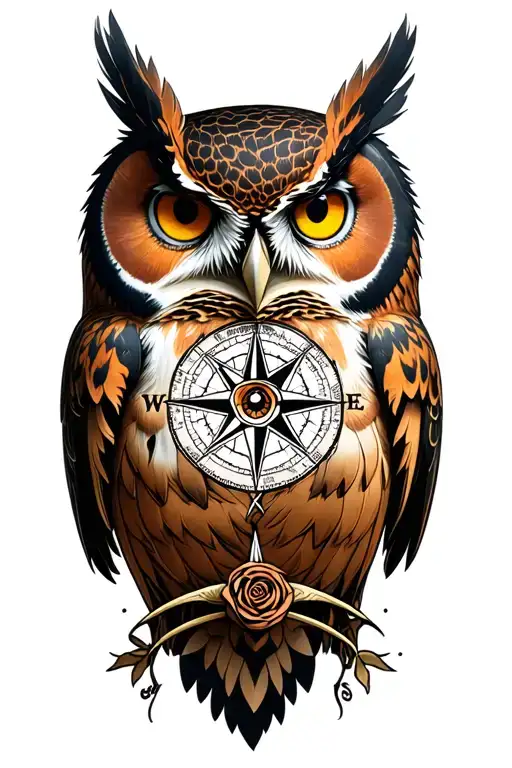 owl rose compass rose intertwined tattoo design idea