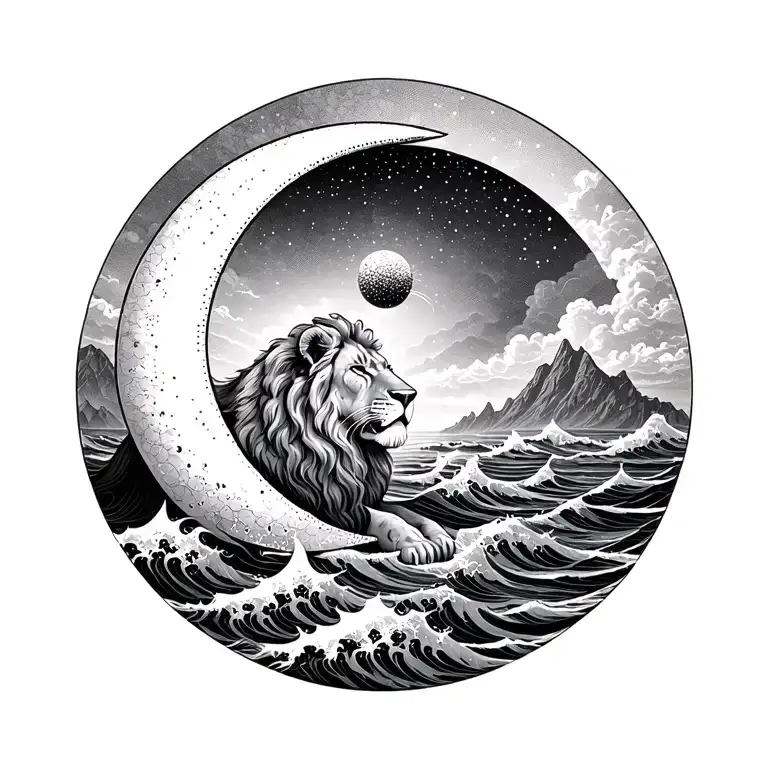 crescent moon and ocean waves and mountains and lion tattoo design idea
