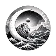 crescent moon and ocean waves and mountains and lion tattoo design idea