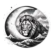 crescent moon and ocean waves and mountains and lion tattoo design idea