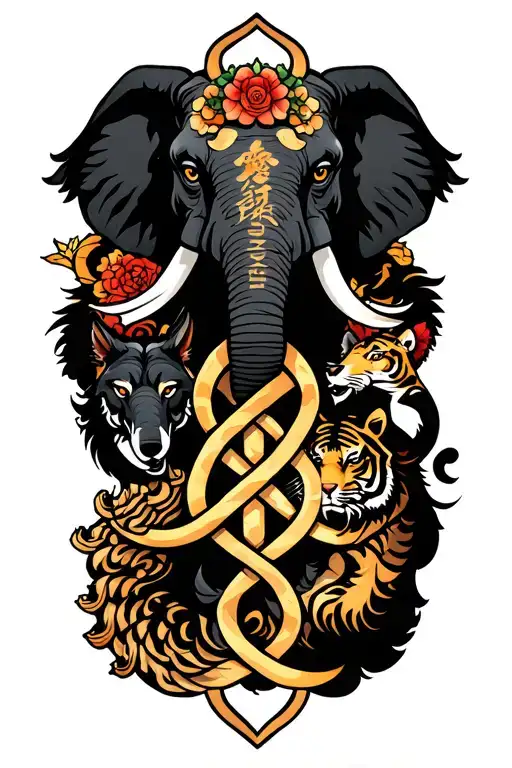 golden trinity knot with elephant and wolf and tiger at each corner  tattoo design idea