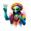 alien dressed as a hippie throwing a peace sign tattoo design idea