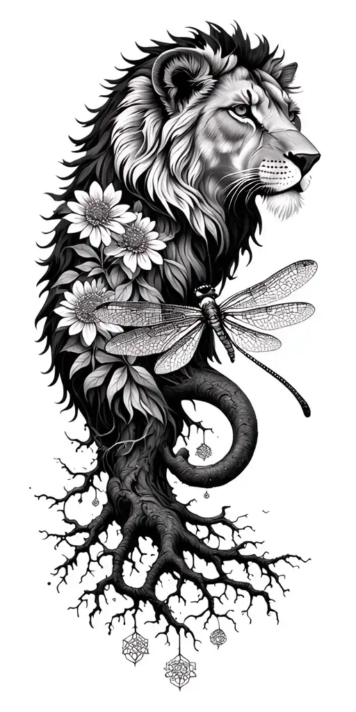 flower of life, dragonfly, tree with roots,  lion tattoo design idea