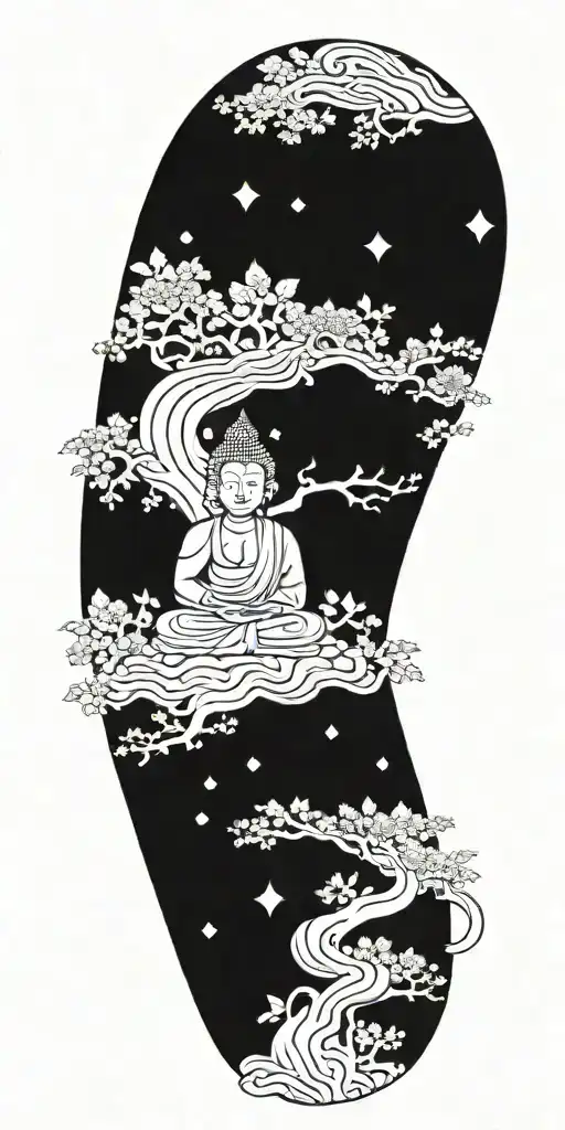 Blend Buddhist symbols, fine-line wood grain, anime elements, and subtle gaming symbols into a cohesive, flowing design tattoo design idea