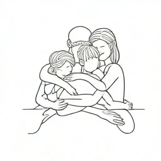 family 5 people front hug tattoo design idea