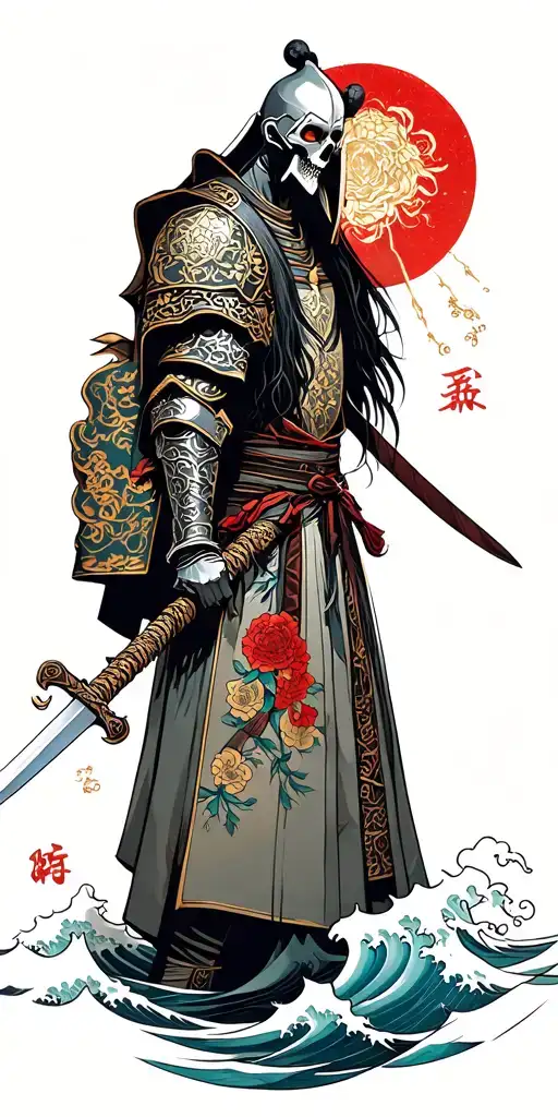 dead knight holding a sword piercing tidal waves tattoo design idea