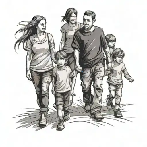 mum dad 3 sons and 1 daughter walking tattoo design idea