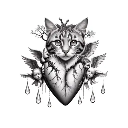 Labyrinth with a realistic heart with scars, a tree with safari animals, 4 angels, 2 angel babies, tear drops, dream cat tattoo design idea