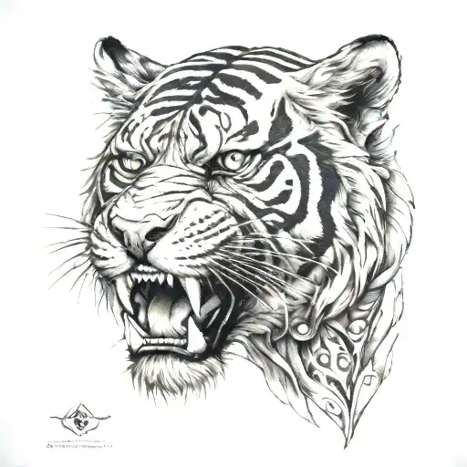 biomechanical Polynesian mythical tiger tattoo feral look facing front tattoo design idea
