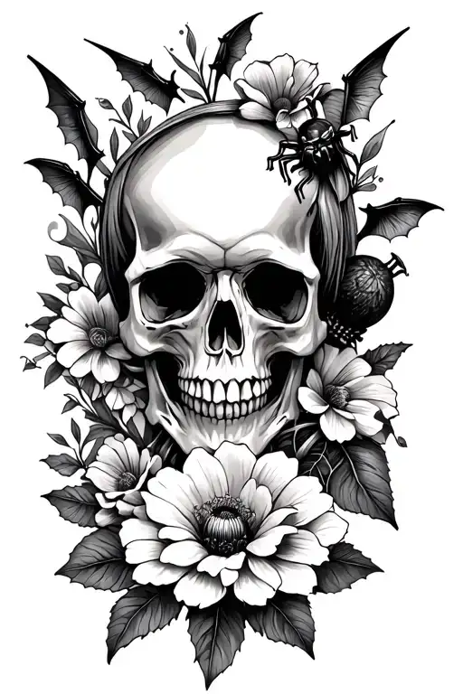 Thigh tattoo ideas for women involving skulls, spiders, bats, & birth flowers for February, July, December, & August tattoo design idea
