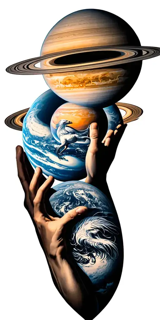 greek mythology atlas holding the planet Saturn with a pegasus inside of it tattoo design idea