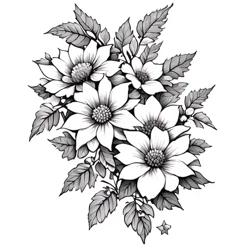(primrose, abriam jasmine, aster, forgot about me, and poinsettia, on one vertical straigt vine running down spine. tattoo design idea