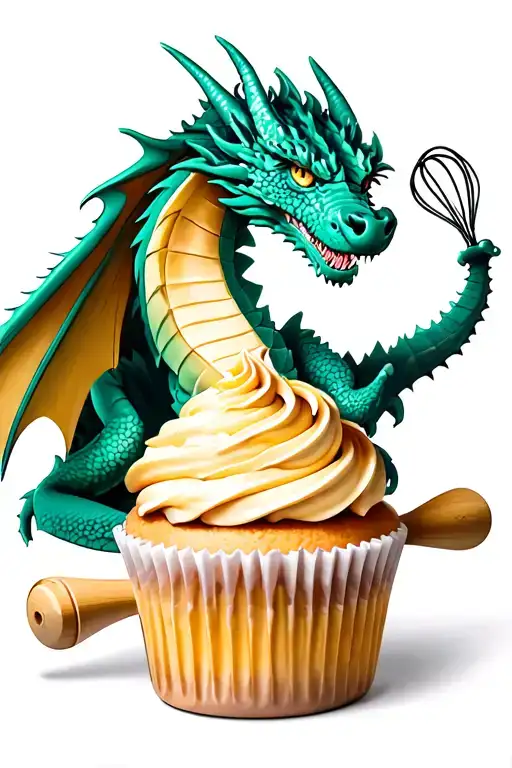 Dragon made out of baking utensils (whisk, spatula, rolling pin) with a cupcake in its claw tattoo design idea