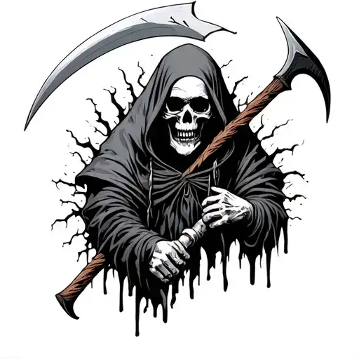 death with torn hood with a scythe, scary, black and gray, horror movie decor tattoo design idea