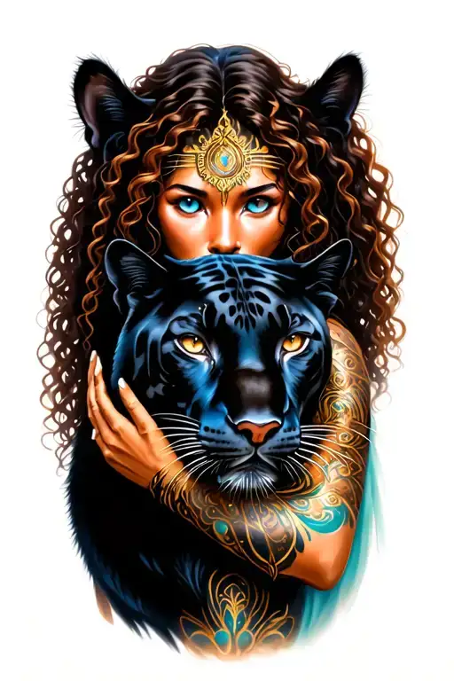 female warrior with long brown curly hair, brown skin and blue eyes petting a black panther like it is her spirit guide tattoo design idea