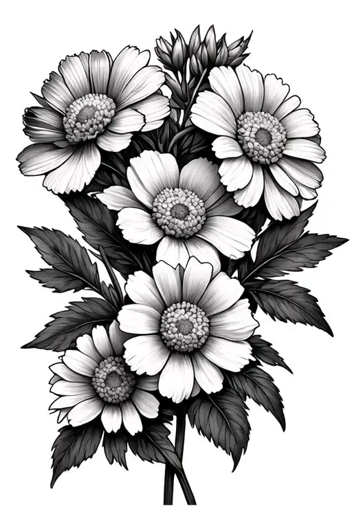 carnation, primrose , daffodil, daisy and aster flower tattoo design idea