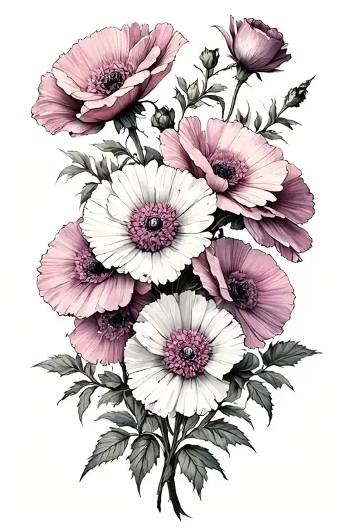 rose aster poppy flowers tattoo design idea
