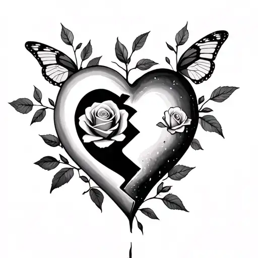 small broken heart with butter fly an roses growing tattoo design idea