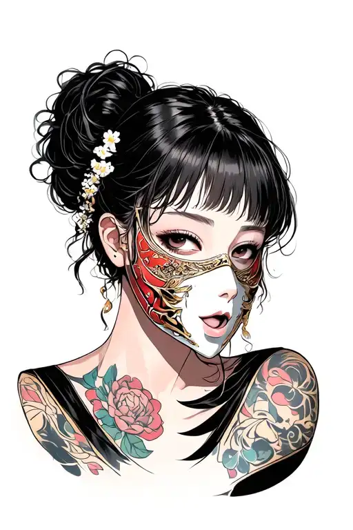The face of a woman tearing the mask of Kitsuna from her face tattoo design idea