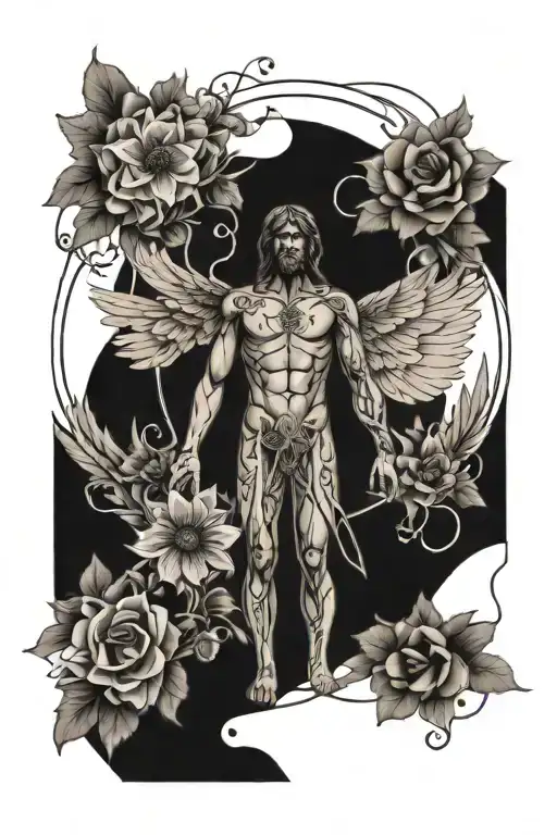 vitruvian man in the shape of an angel filled with flowers but make it simple and tribal tattoo design idea