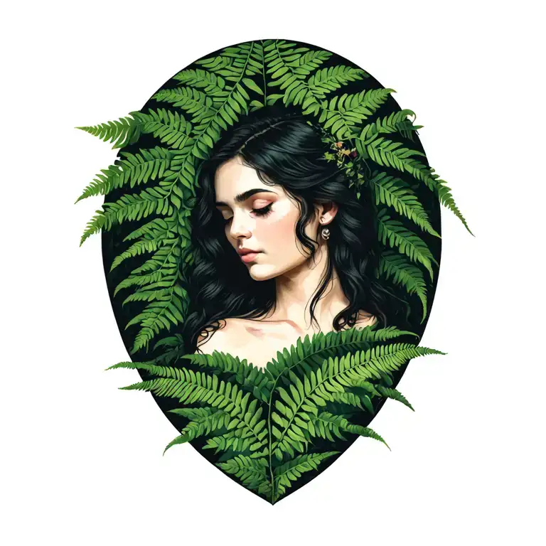 Lighty printing of Veles against the backdrop of a green fern tattoo design idea