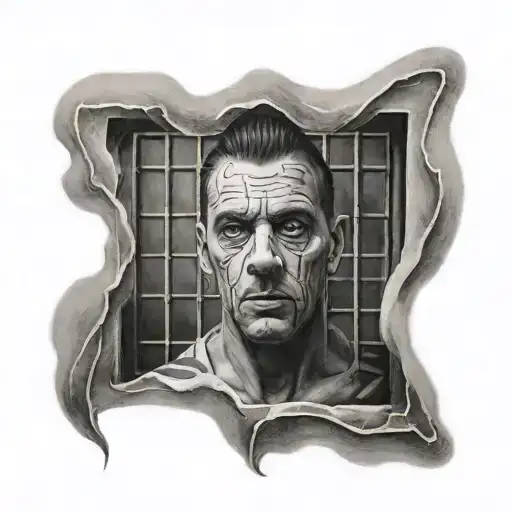 A tattoo of a prison cell with a ghostly image of a father figure in the background tattoo design idea