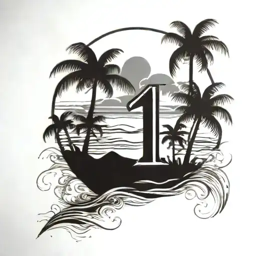 Number 1111 surrounded by sea and palm trees tattoo design idea