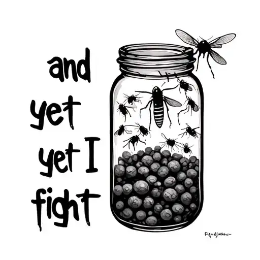 jar of flies inside the jar with text "and yet I fight" tattoo design idea