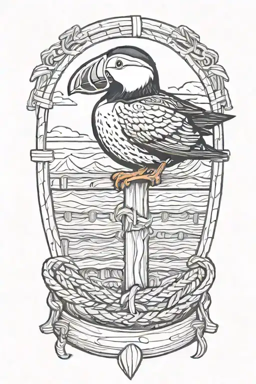male puffin perched wood dock rope . old viking ship at sea background tattoo design idea