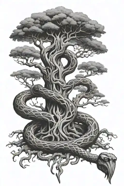 yggdrasil tree with mjolnor hammer as the trunk with a snake wrapping around tattoo design idea