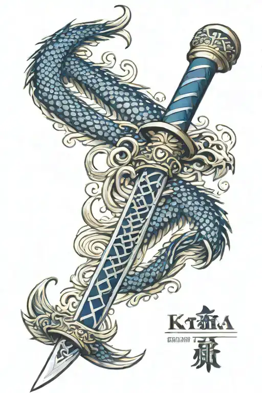 a sleek, shimmering katana with a dark blue hue and intricate silver patterns resembling dragon scales tattoo design idea