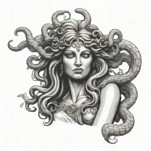 beutiful statue medusa women full body right hand straight forfard whit a eye  tattoo design idea