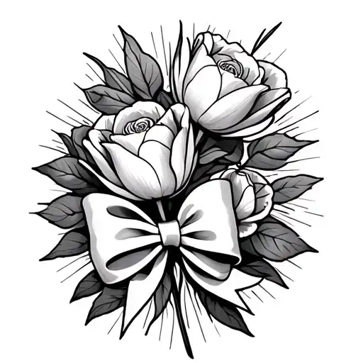 tulips,roses and starburst tattoo with a bow  tattoo design idea