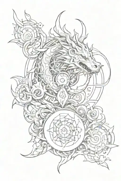 oroboros full sleeve with fire, earth, water and air elements tattoo design idea