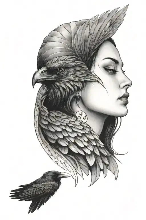 woman's face in a raven wing and heart tattoo design idea