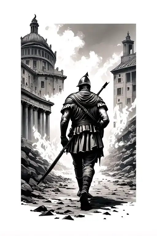 burning roman city with soldier walks away  tattoo design idea