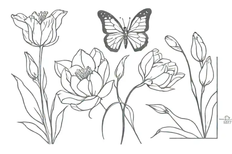Butterfly and tulips black tattoo design idea