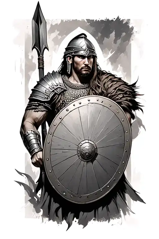 Spartan warrior holding shield and spear, with a background wrapping around the arm tattoo design idea