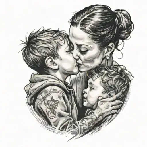   little boy kissing moms forehead, with little girl tucked under moms chin tattoo design idea